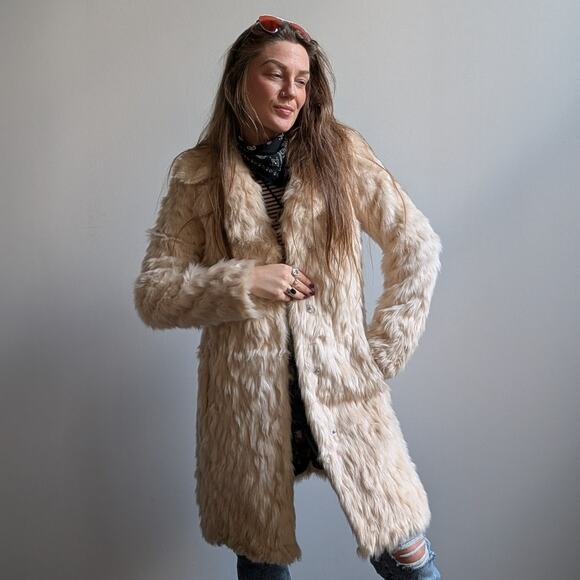 White Shaggy Faux Fur Trench Coat Cream Furry Penny Lane 70s Afghan Jacket Small - Picture 2 of 13